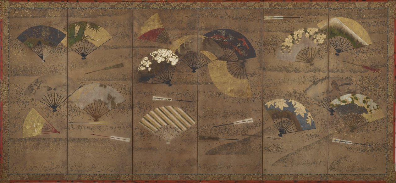 Koristetut tuulettimet, näytöt (kuusi paneeli), 1600-luvun alku (väri, muste ja kulta paperille) tekijältä Japanese School