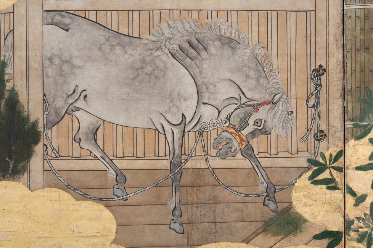 Yksityiskohta keväästä palatsissa, kuusinkertainen näyttö elokuvasta The Tale of Genji, n. 1650 (mustetta, värejä ja kultaa paperille) tekijältä Japanese School
