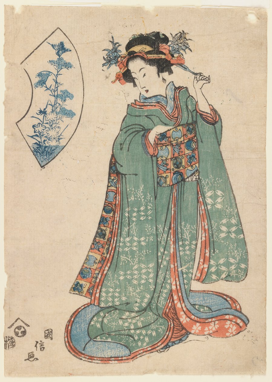 Kuninobu, Nainen kiinnittelemässä hiuskoristetta, n. 1815-1820 (puupainatus) tekijältä Japanese School