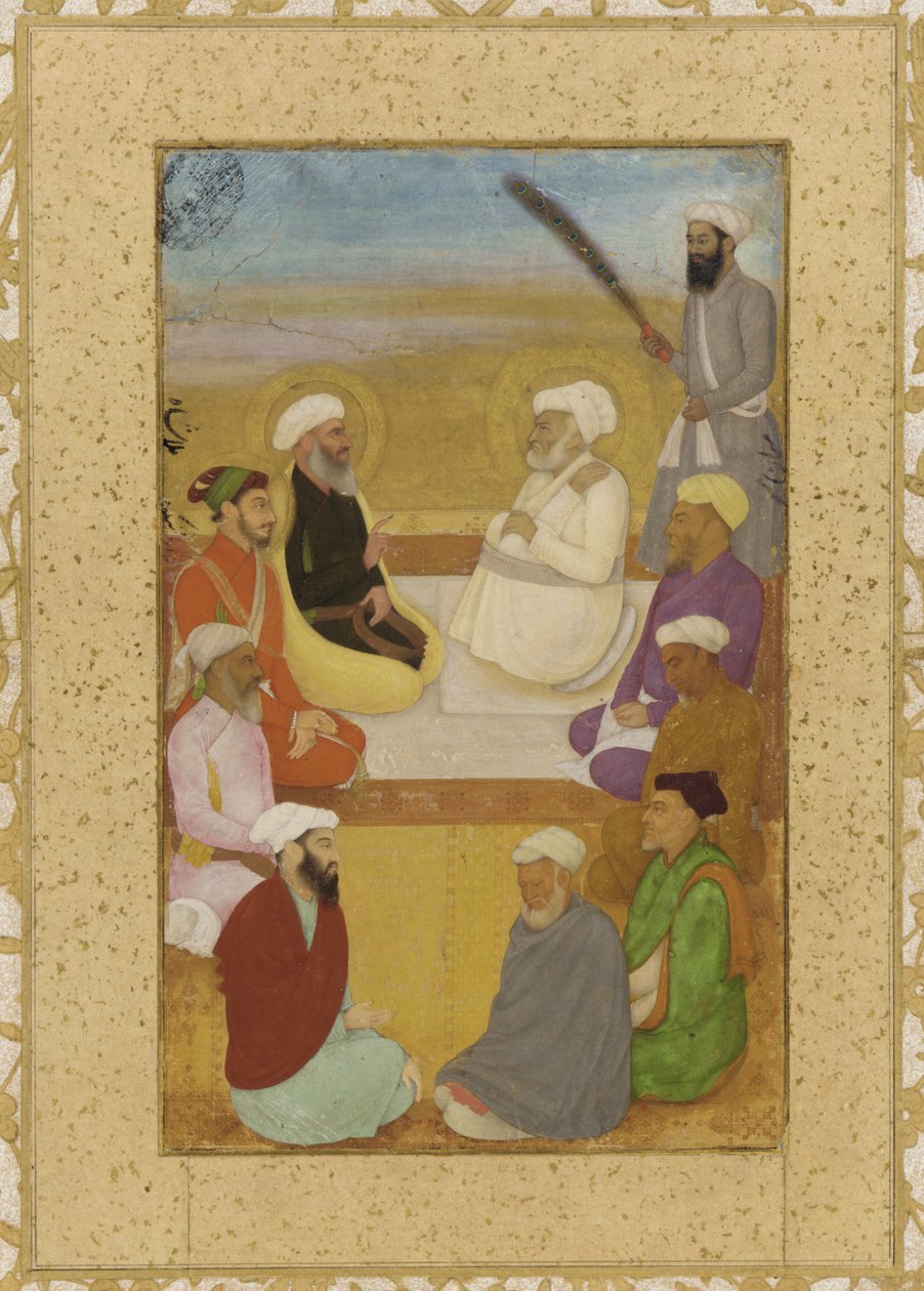 Dara Shikoh Mian Mirin ja Mulla Shahin kanssa, irrotettu albumifolio maalauksella, n. 1640 (läpinäkymätön akvarelli, mustetta ja kultaa kartongille kiinnitetyllä paperilla) tekijältä Mughal School