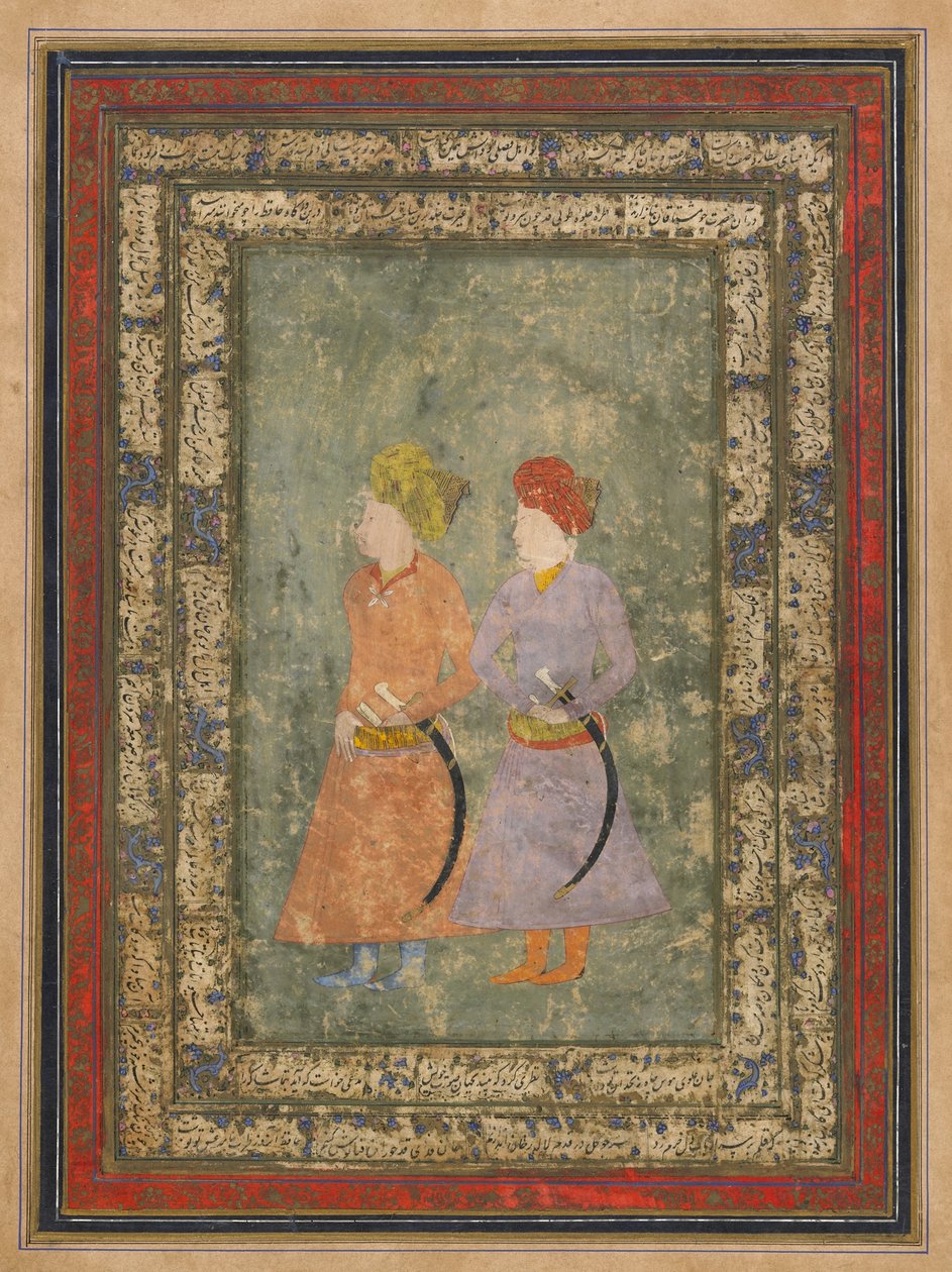 Kaksi persialaista aatelismiestä, irrallinen albumifolio maalauksella, 1600-luvun puoliväli (läpinäkymätön akvarelli, mustetta ja kultaa paperilla) tekijältä Mughal School