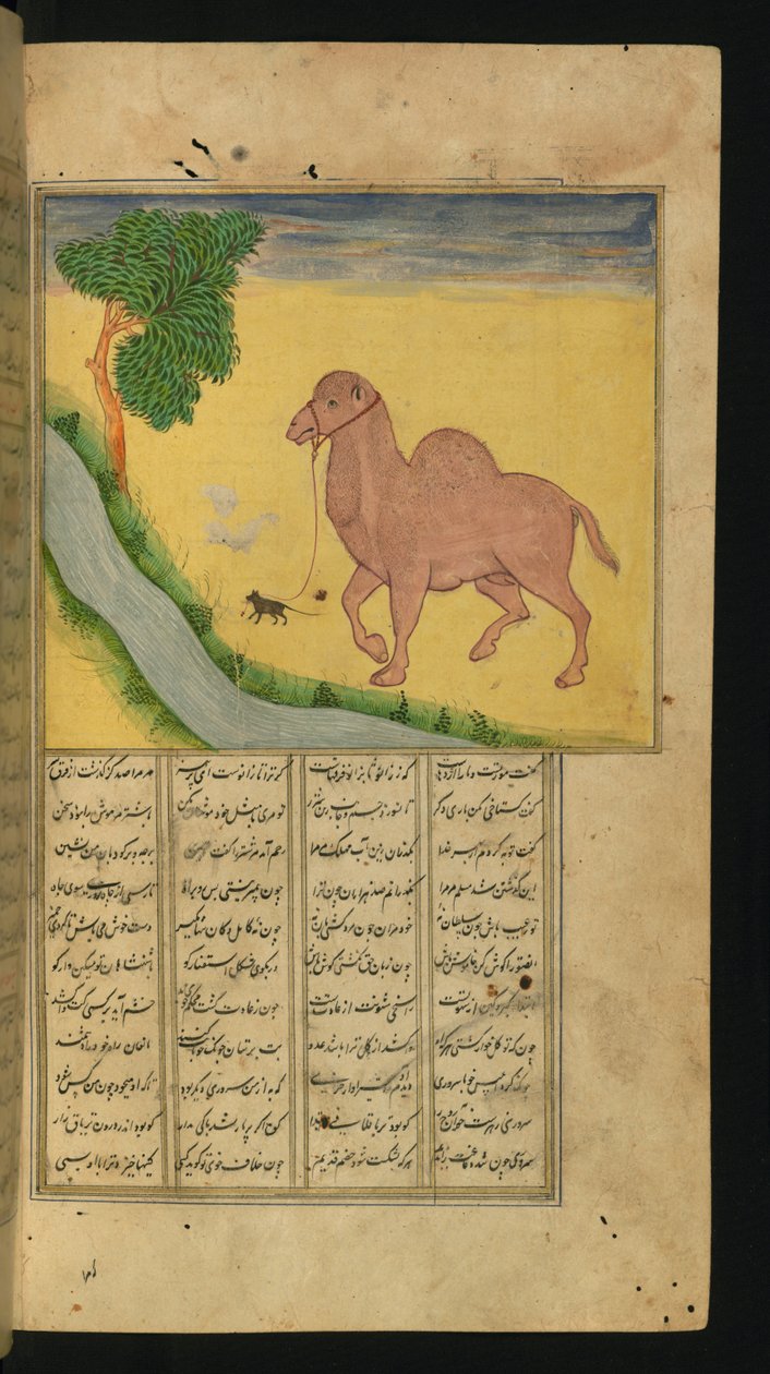 Hiiri, puristamassa kamelin ohjaksia, vesivirrassa, kuvitus runokokoelmasta, kirjoittanut Jalal al-Din Rumi, 1663 (muste ja pigmentit paperilla) tekijältä Persian School