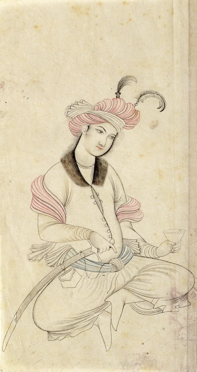 Persialainen nuori, pitelee viinikuppia toisella kädellä miekkansa kahvassa, 1600-luvun alun alkuperäiskappaleen mukaan Isfahanista, n. 1825-1835 (kynä, muste ja pesu paperille) tekijältä Persian School