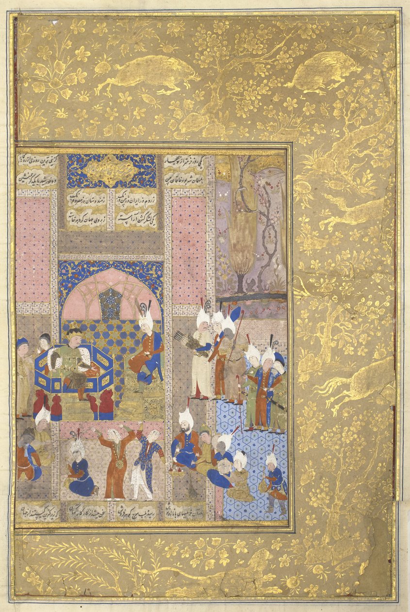 Aleksanteri juhlimassa Kiinan keisarin kanssa, n. 1525-1550 (muste, wc ja kultaa velumilla) tekijältä Persian School