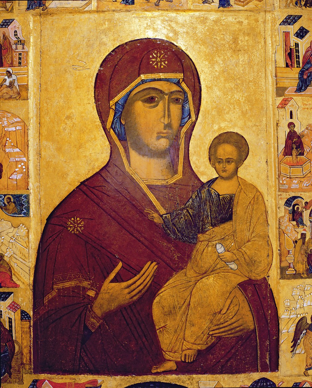 Neitsyttä ja lasta kuvaava ikoni, n. 1550 (tempera ja kultalehti paneelissa) (314500:n yksityiskohta) tekijältä Russian School