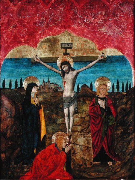 Kristus ristillä Neitsyen, Pyhän Johanneksen ja Maria Magdaleenan välillä (tempera paneelissa) tekijältä Spanish School
