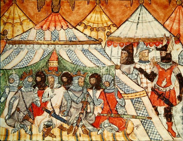 Fol.115r Calchas taivuttelee kreikkalaisia olemaan marssimatta Troijaan, Codex Benito Santa Mora tekijältä Spanish School