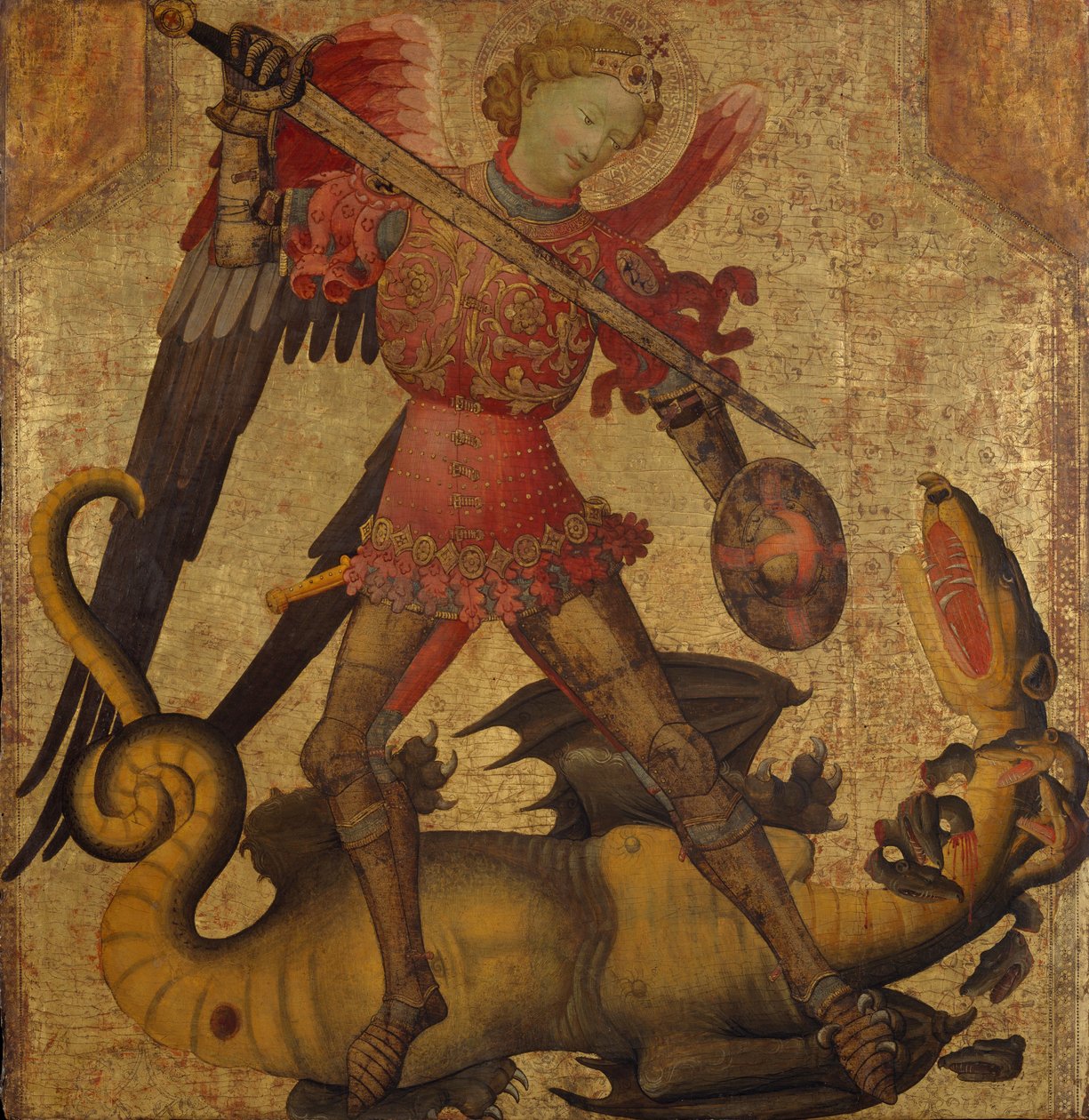 Pyhä Mikael ja lohikäärme, n. 1405 (tempera puulla, kultainen maa) tekijältä Spanish School