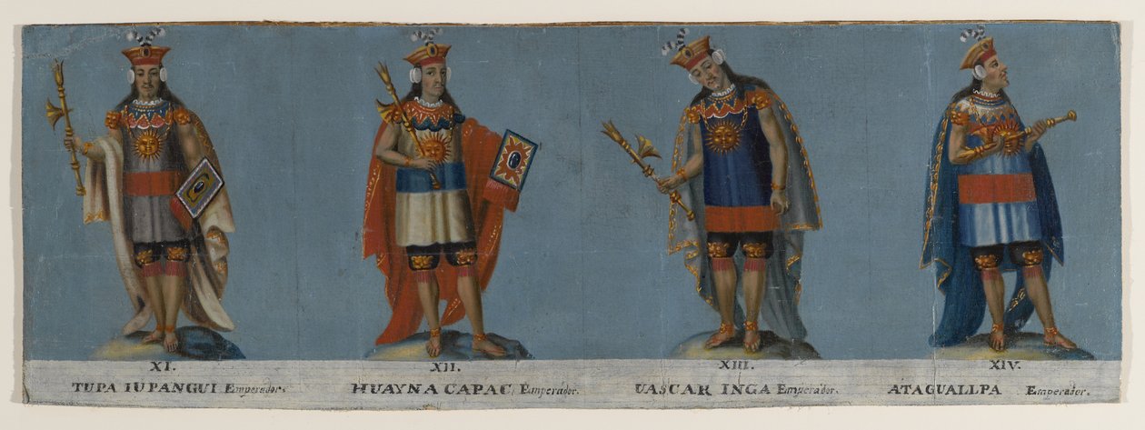 Neljä inkakuningasta: Tupac Yupanqui, Huayna Capac, Huascar Inca, Atahuallpa, 1800-luvun alku tekijältä Unknown