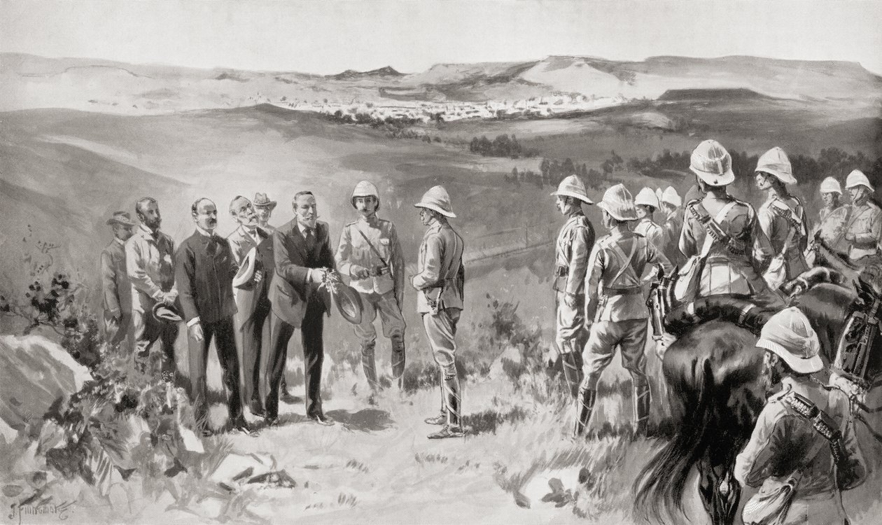 Hra Pappenfusin, herra Kellnerin ja herra Collinsin Bloefonteinin muodollinen luovuttaminen Lord Robertsille 14. maaliskuuta 1900 Louis Creswicken kirjasta South Africa and the Transvaal War, pub. 1900 tekijältä Unknown