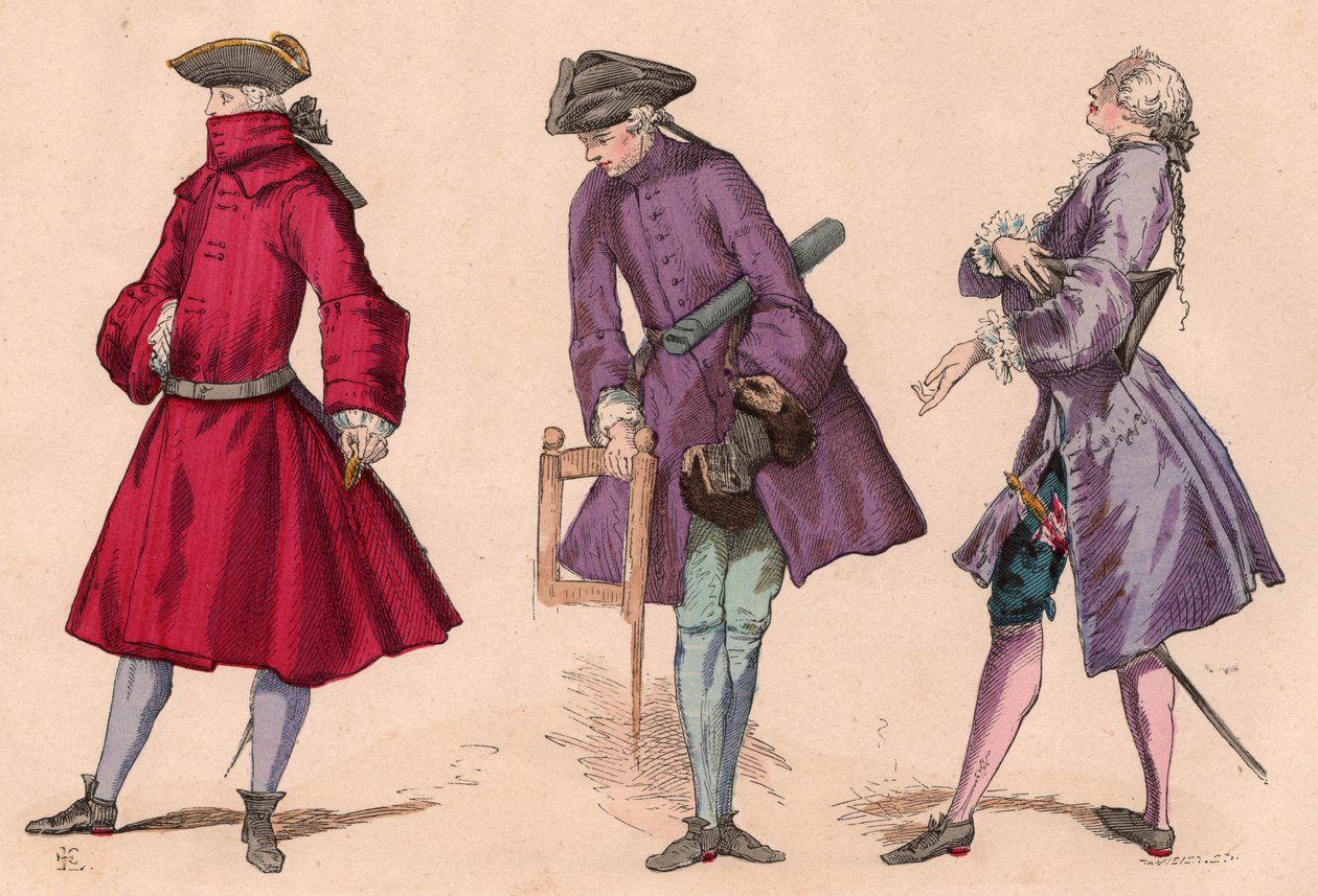 Kolme miestä 1700-luvun puvuissa takkeilla ja tricorn-hatuilla, mukaan lukien porvarillinen mekko ja juhlamekko (värikaiverrus) tekijältä Unknown