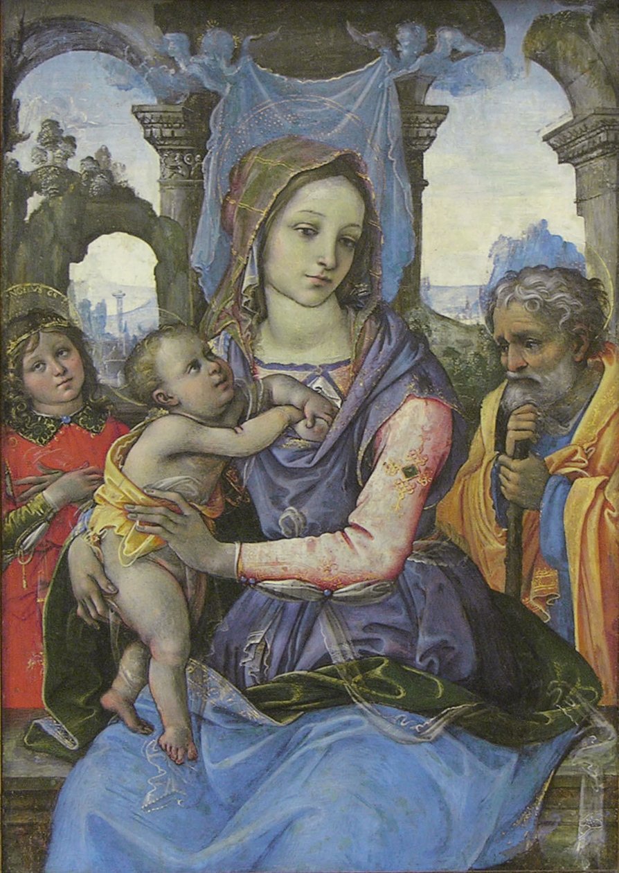 Madonna ja lapsi Pyhän Joosefin ja enkelin kanssa, n. 1490 (tempera kankaalle, siirretty puusta) tekijältä 1476 1524 Capponi