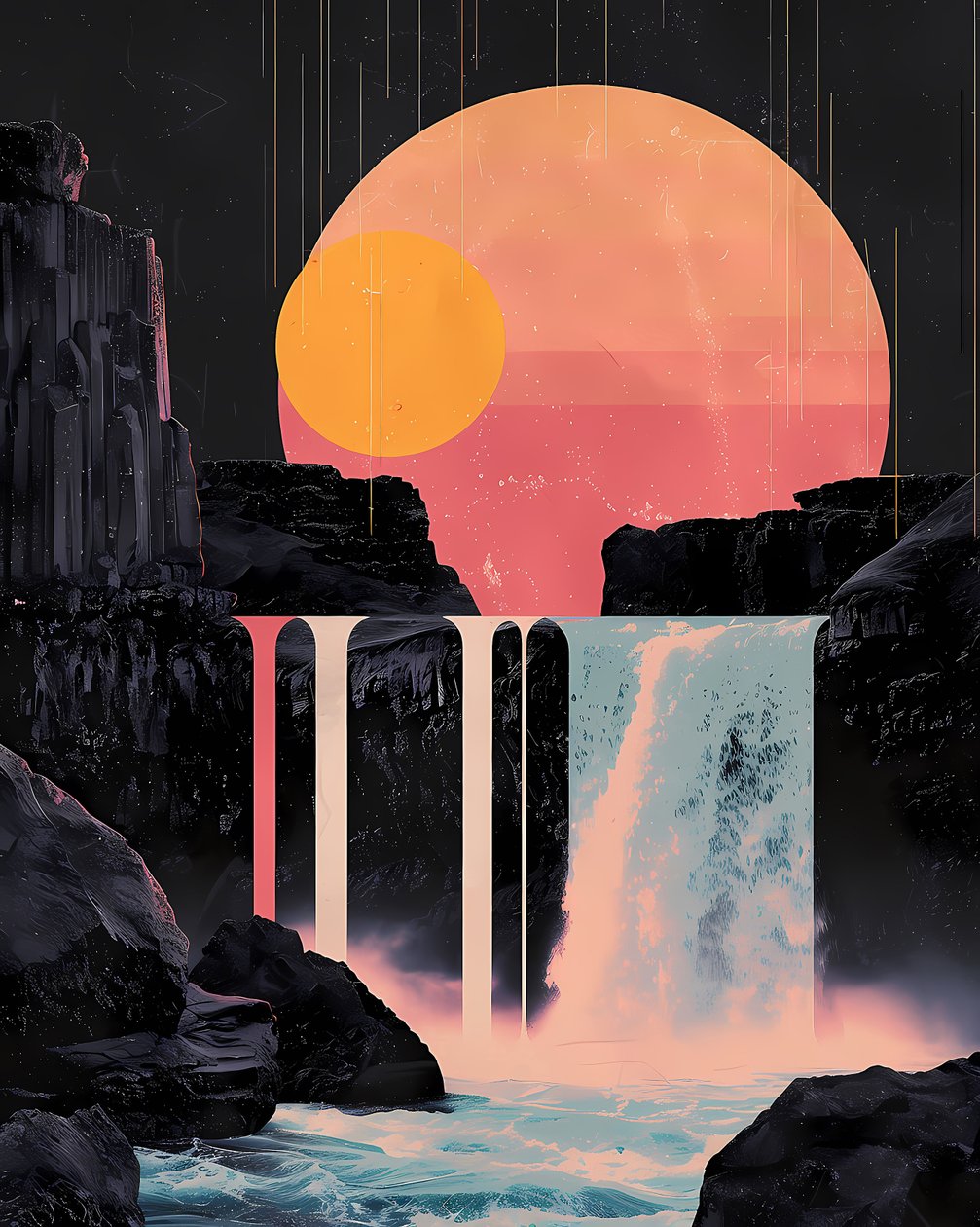 Minimalistinen vesiputous punainen auringonlasku, kehystetty julisteita, online canvas art tulostaa tekijältä F. Abderrahim