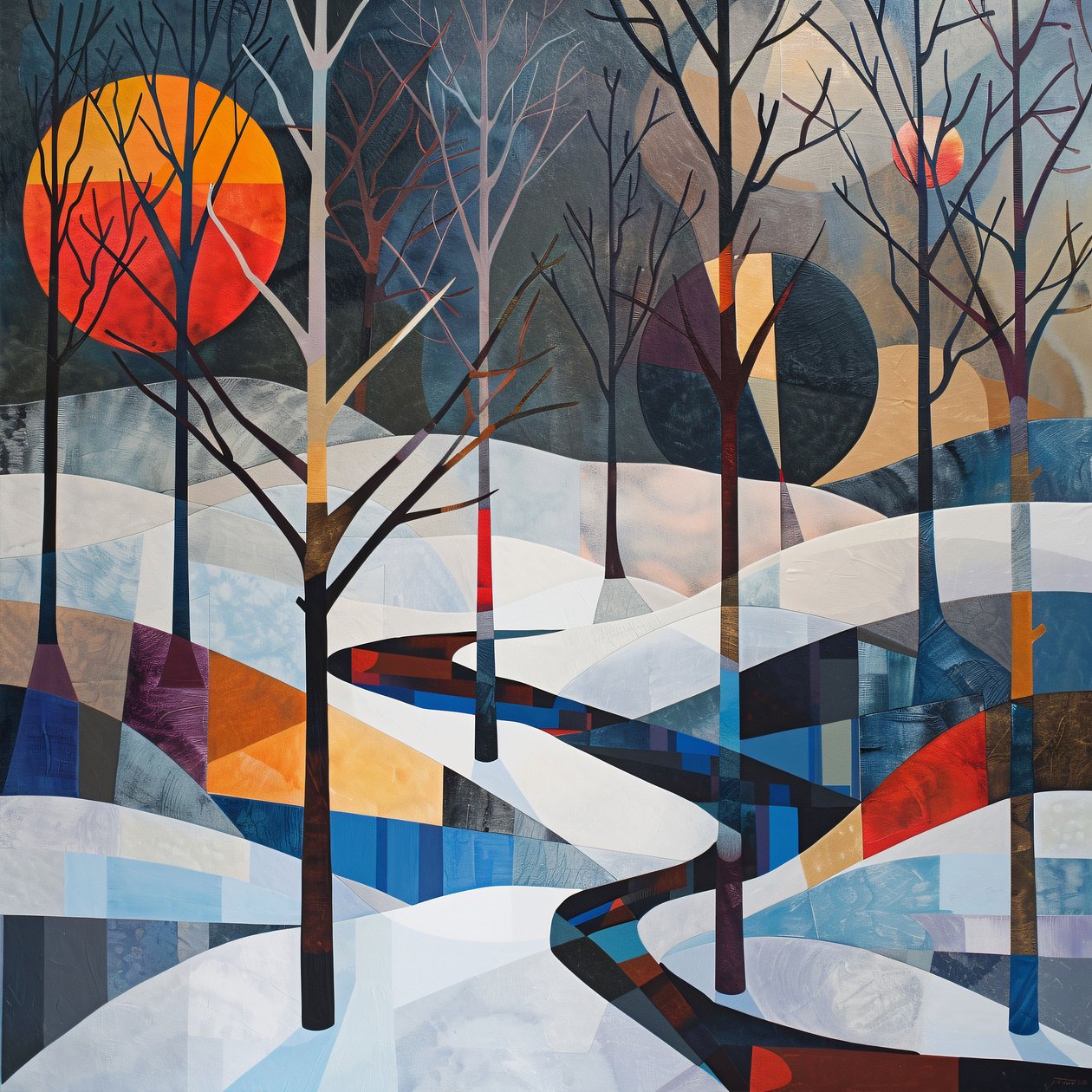 Trees  Winter maisema, abstrakti geometrinen muoto seinätaiteen tulostaa tekijältä F. Abderrahim