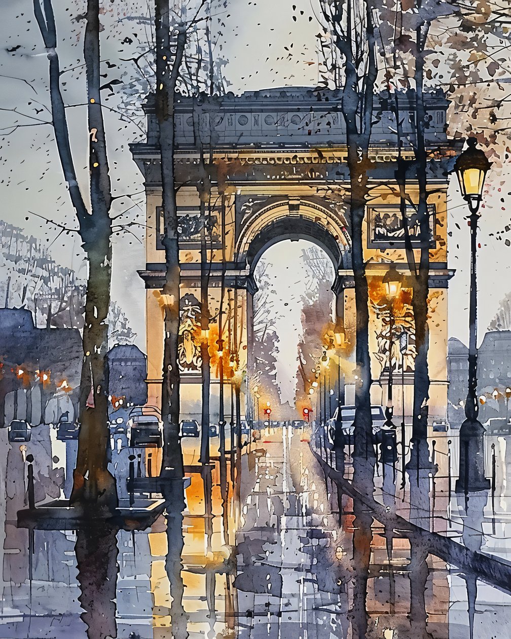 Akvarellimaalaus : Champs Elysées Pariisin Ranska talvella | wall art tulosteita tekijältä F. Abderrahim