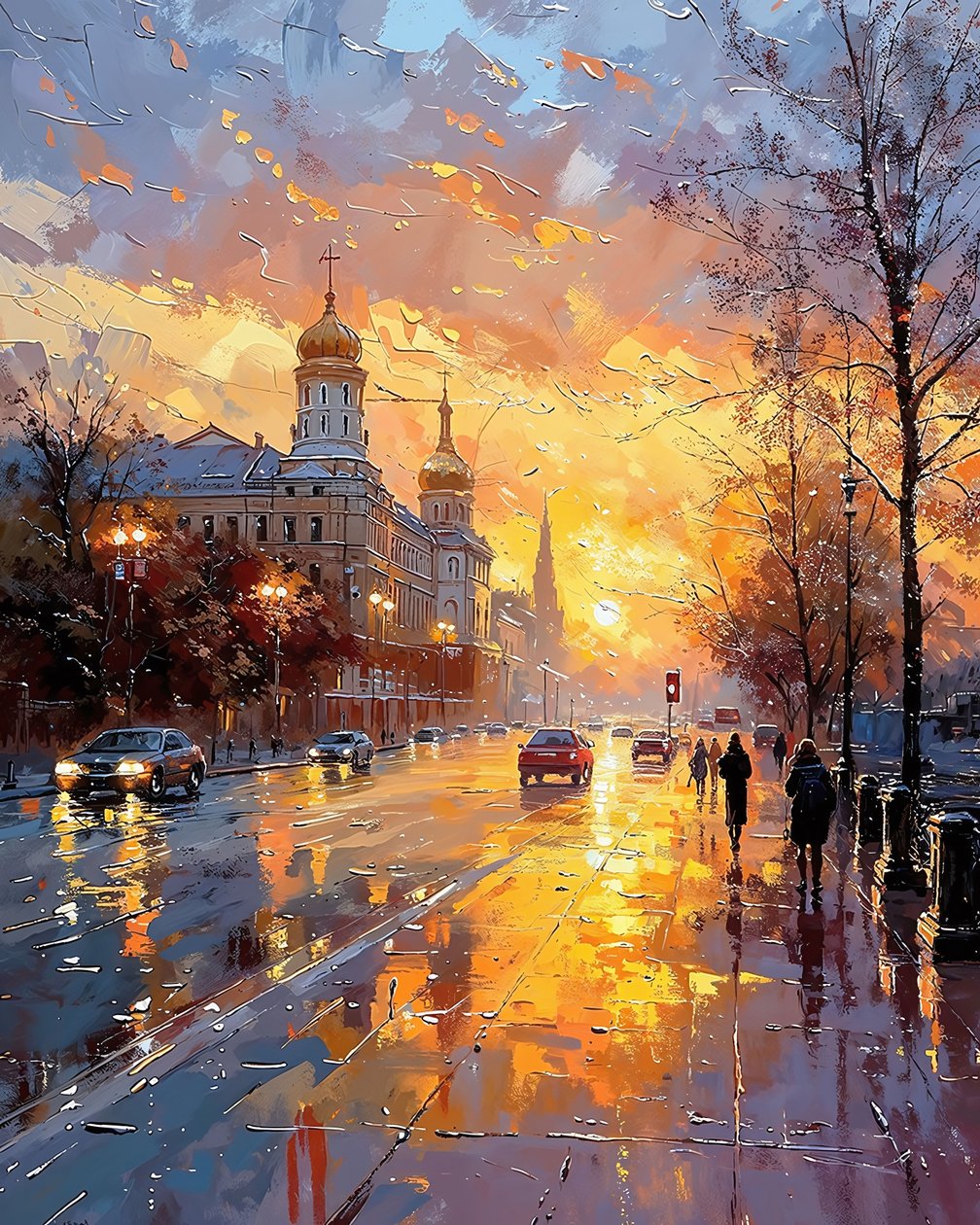 Ihmiset kävelevät kadulla auringonnousun alla putoava sade, Seinä Koriste Myytävänä tekijältä F. Abderrahim