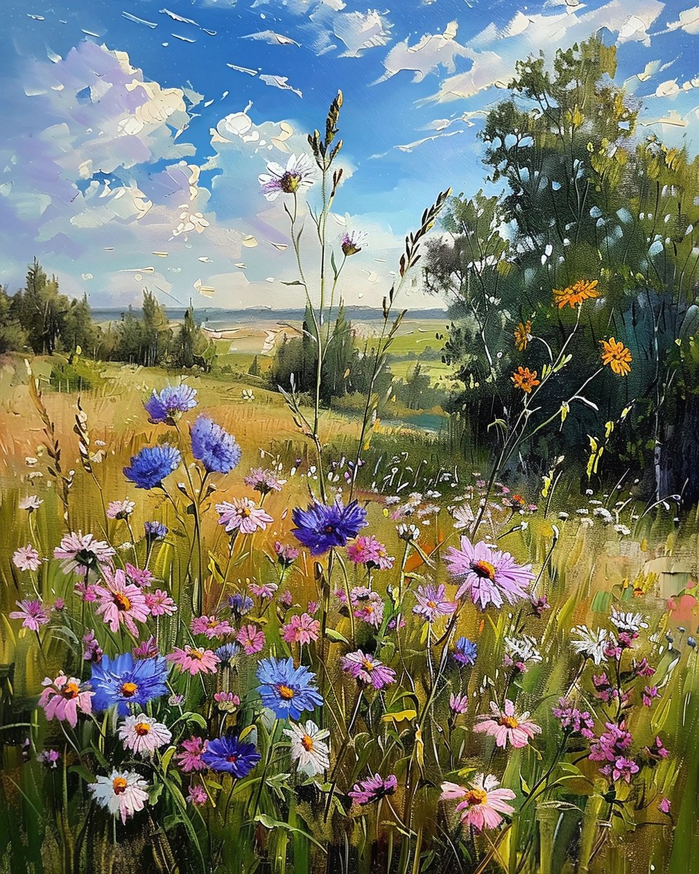 Maisema Wildflowers, seinäkoriste ideoita, kankaalle tulosteita tekijältä F. Abderrahim