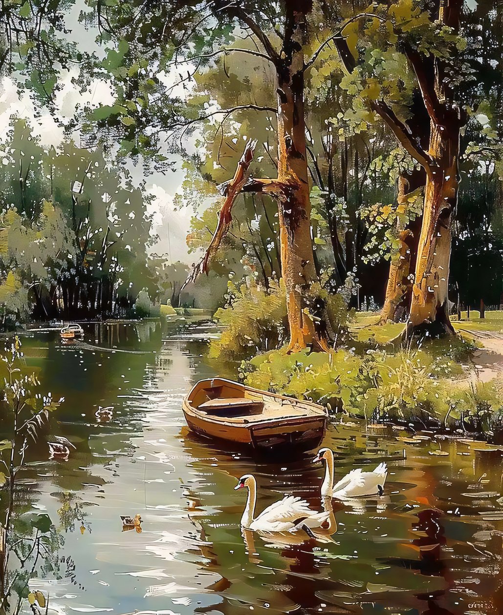 Hanhet uida virtaavassa vedessä puiden välissä, Canvas  kehystetty seinäkoristeita tekijältä F. Abderrahim