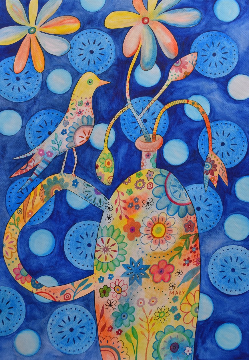 Lintu kukkamaljakossa tekijältä Marys Watercolors