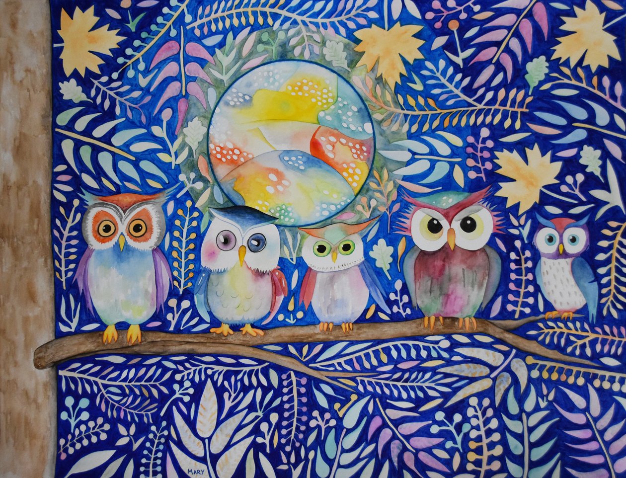Pöllöt yöllä tekijältä Marys Watercolors