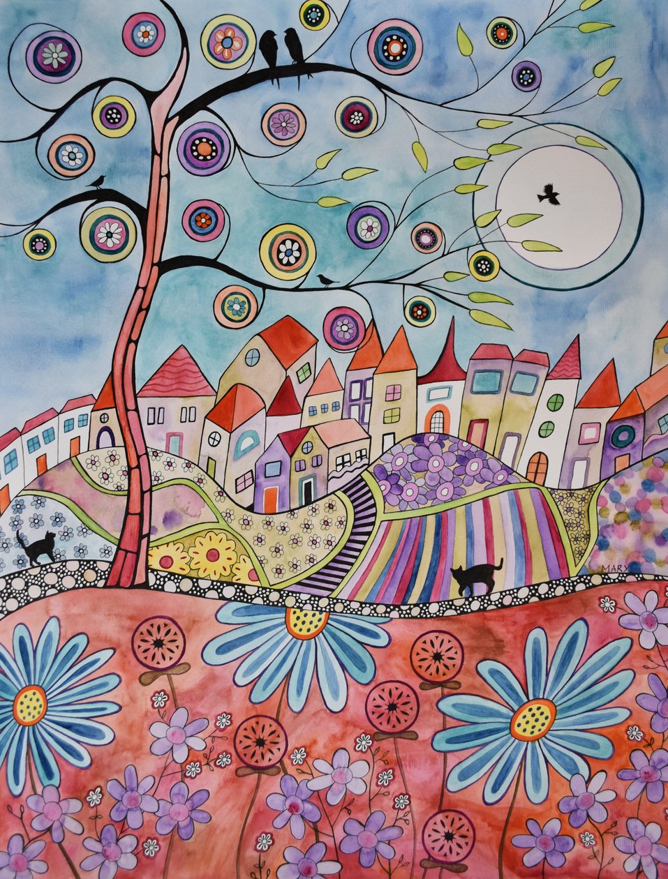 Kylä punaisen niityn takana tekijältä Marys Watercolors