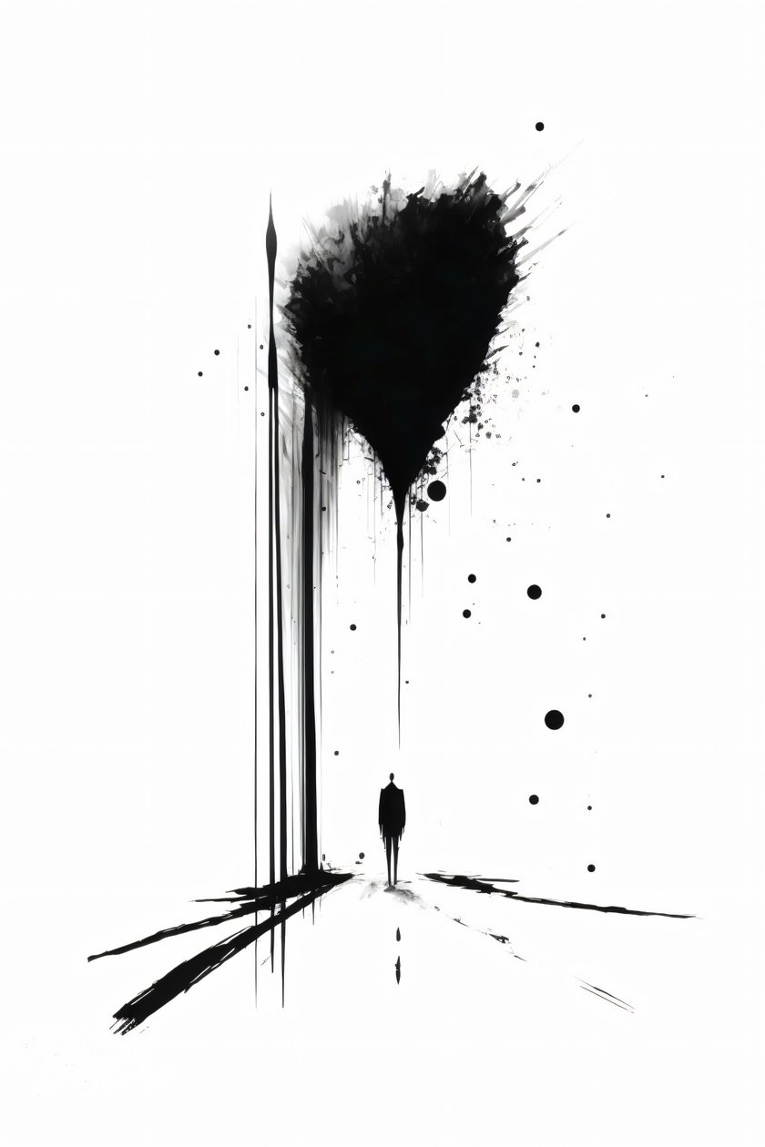 Abstrakti musta  valkoinen käsitteellinen taide Silhouette of Solitude, kankaalle taide tulostaa tekijältä F. Abderrahim