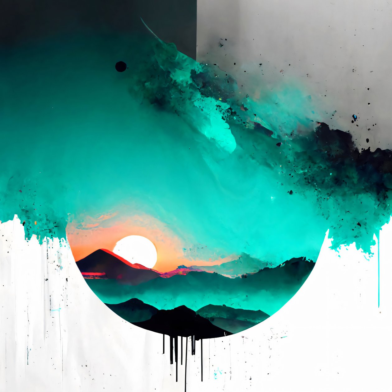 Abstrakti minimalistinen auringonnousu valkoisella teal aksentteja, kankaalle tulostaa pyynnöstä tekijältä F. Abderrahim