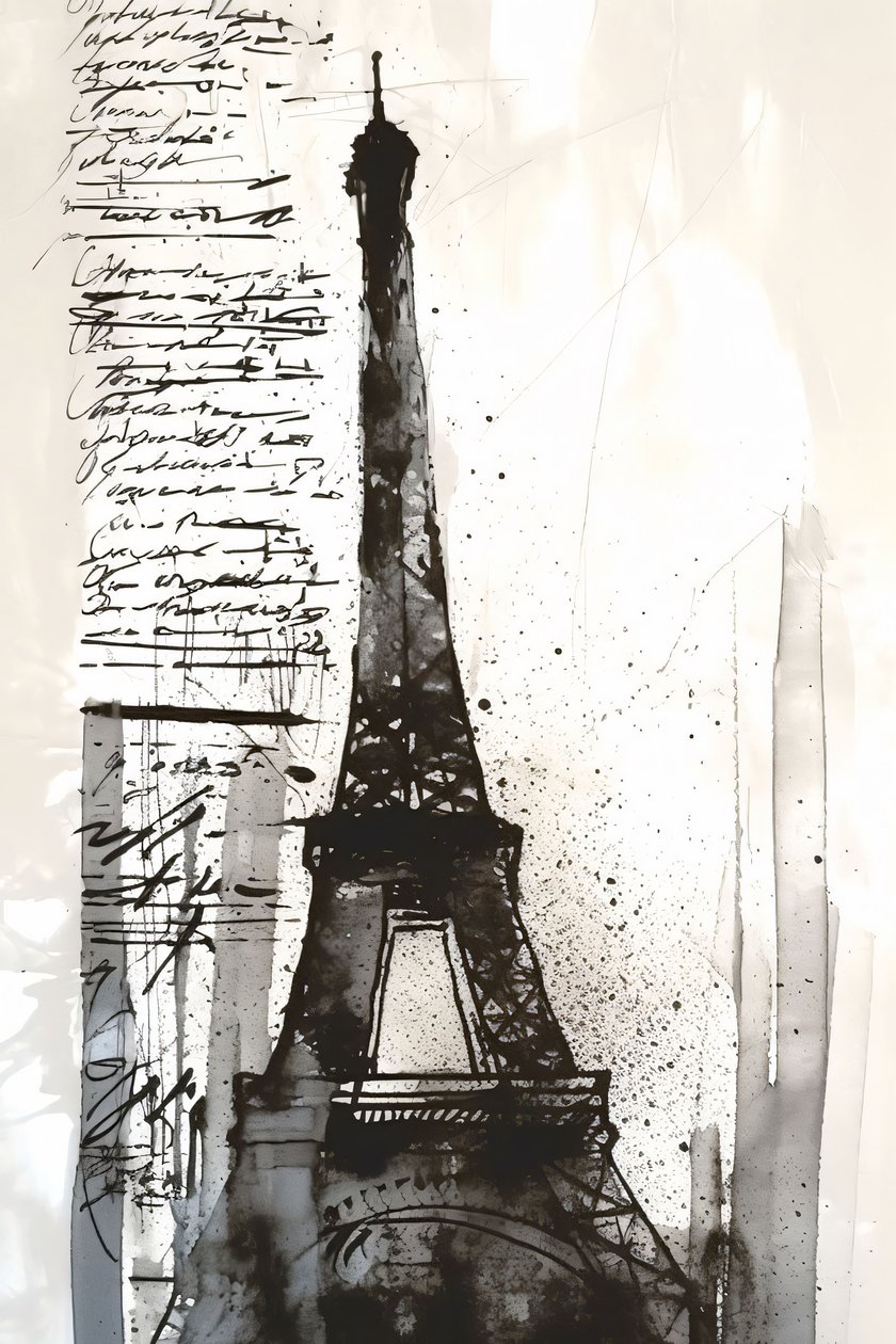 Musta maali roiske Eiffel-torni-impressionistinen maalaus, kehystetty kankaalle tulostaa pyynnöstä tekijältä F. Abderrahim