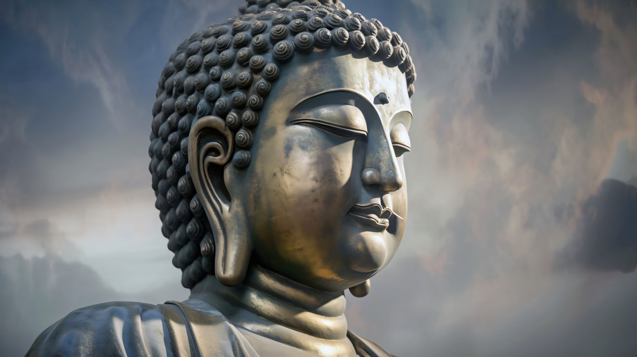 Buddhan muotokuva istuu rauhallisessa meditaatiossa, kehystetty kankaalle tulosta pyynnöstä tekijältä F. Abderrahim