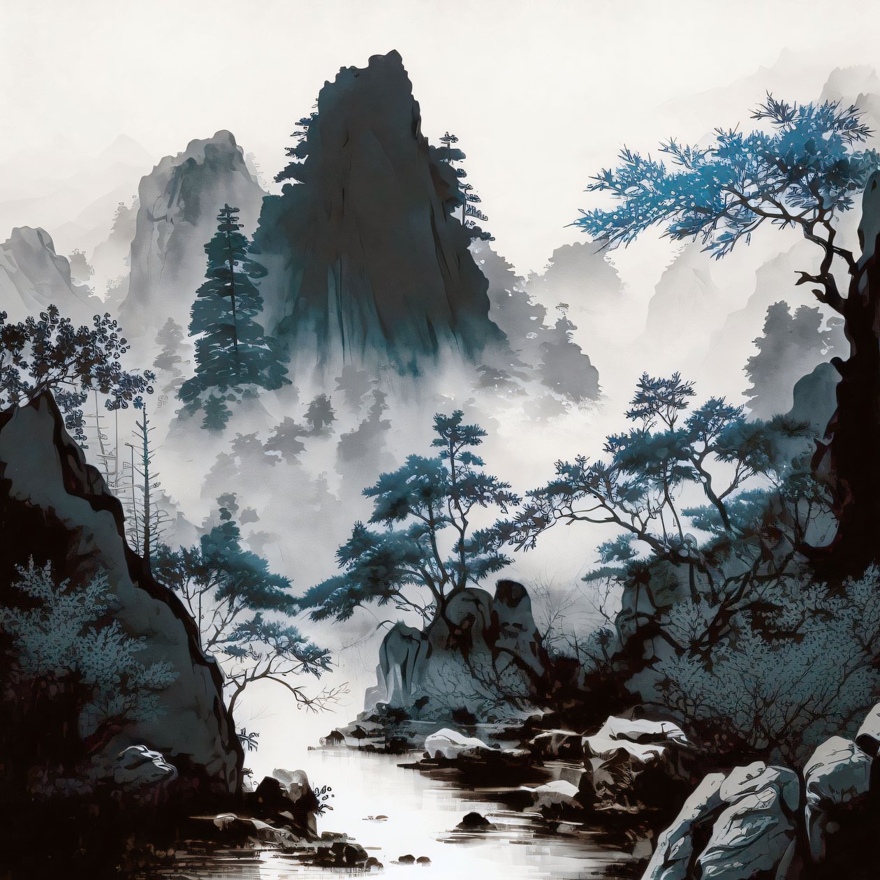Cyanotype Mountain River Mist Shan Shui Style, kehystetty seinä sisustus tulostaa tekijältä F. Abderrahim