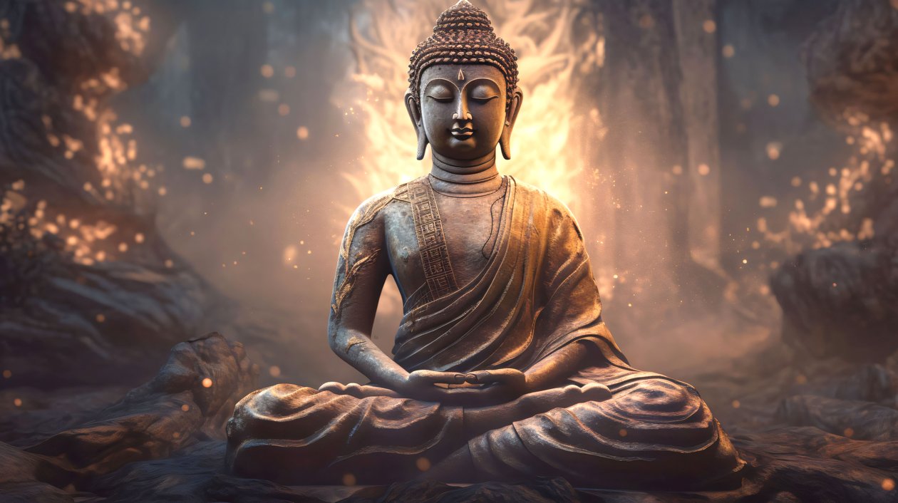 Realistinen Buddha muotokuva istuu, rauhallinen meditaatio, henkinen seinä kodin sisustus tekijältä F. Abderrahim