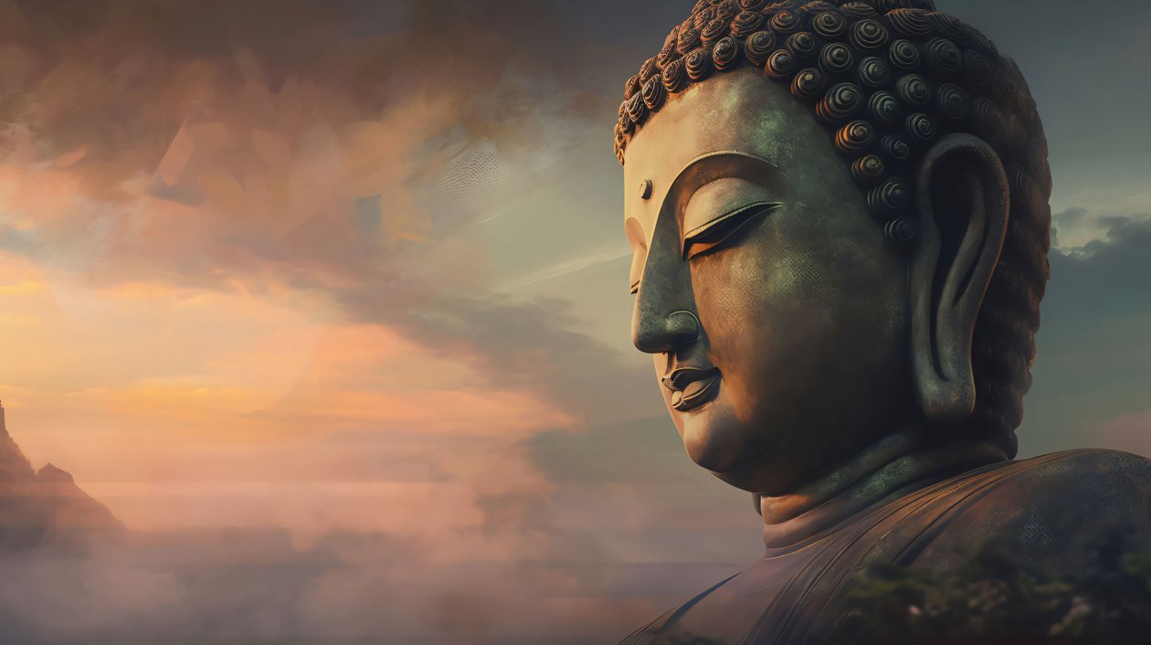 Buddha patsas maalaus myytävänä, suuret kankaalle tulosteet, seinäkehys sisustus tekijältä F. Abderrahim