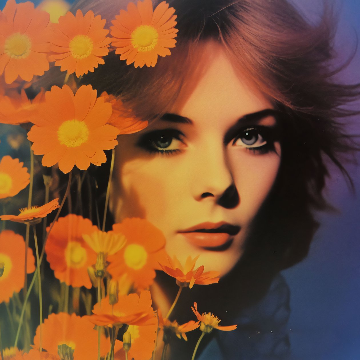 vintage naisen muotokuva  kukkia, Retro Floral Vision, online taidetulosteita tekijältä F. Abderrahim