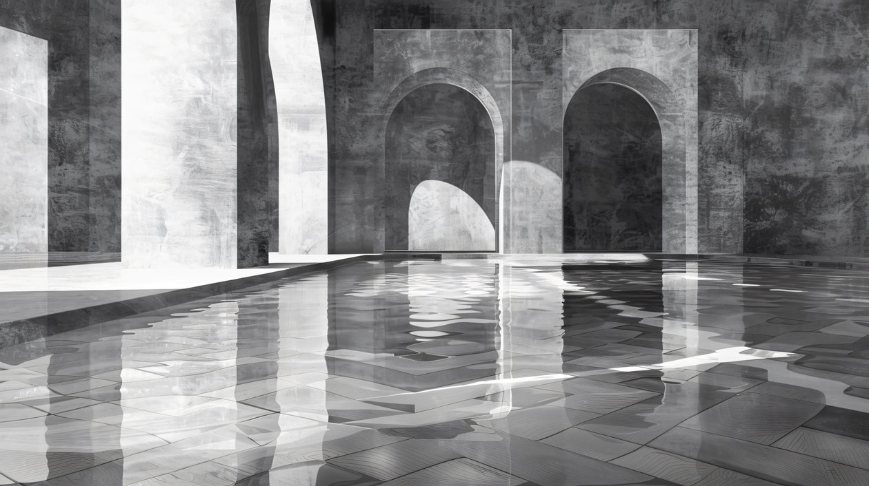 Arches  gates in a marble palace, arkkitehtuuri, Mustavalkoinen, seinäkoriste tulosteita tekijältä F. Abderrahim