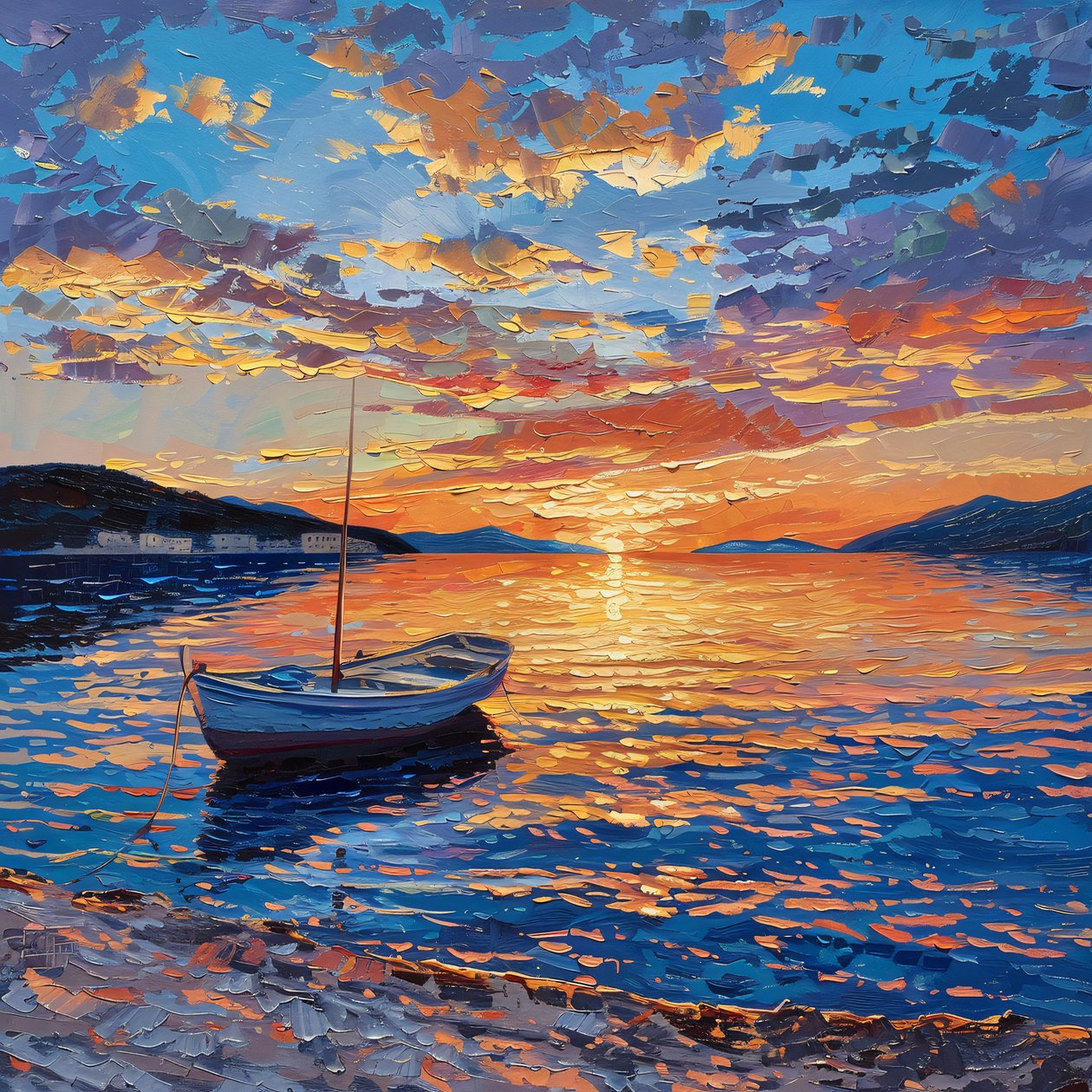 Vene joella auringonlaskun aikaan Kaunis, Dalmatia, Kroatia Öljy kankaalle, seinäkoriste myytävänä tekijältä F. Abderrahim