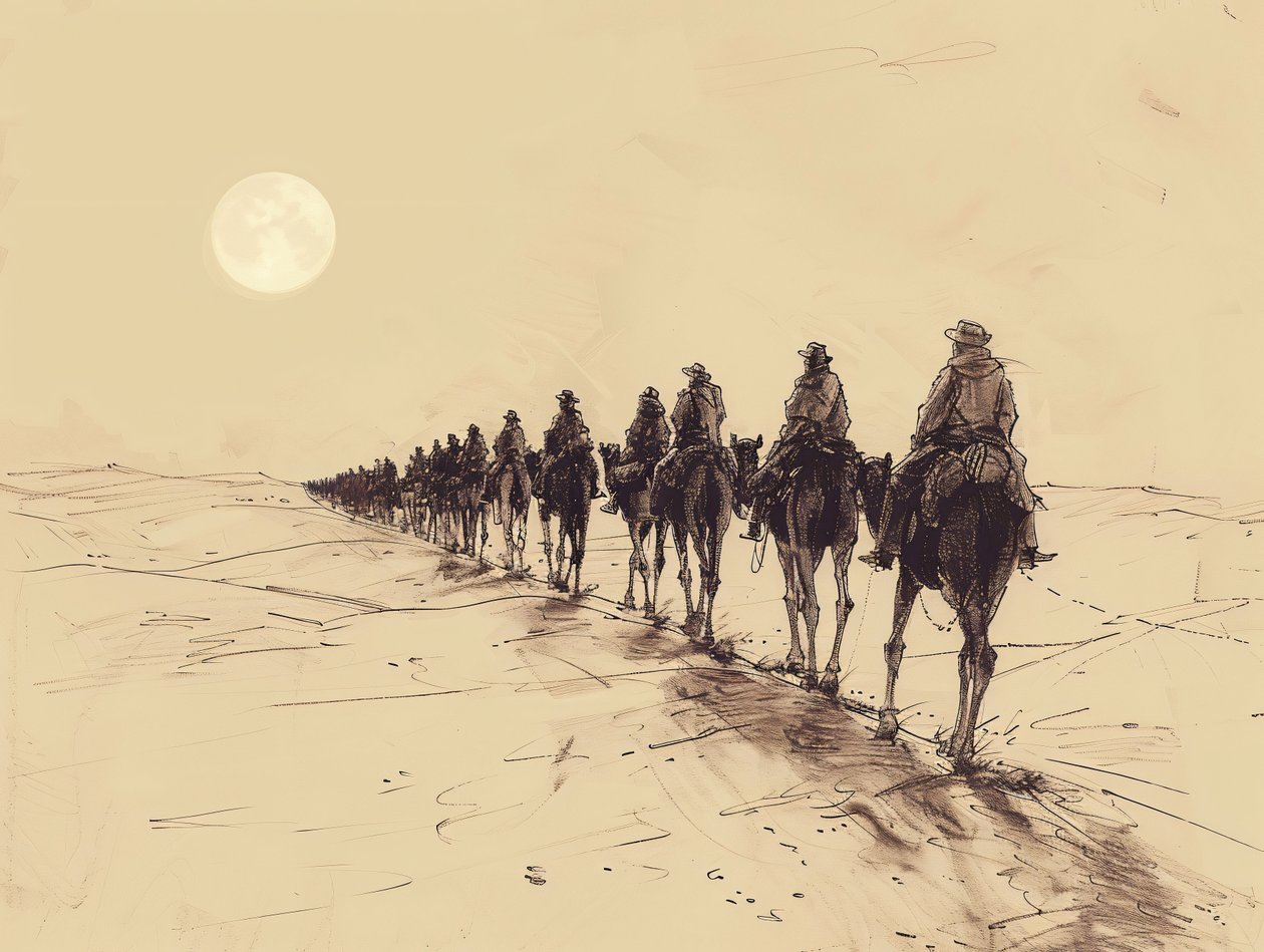 Desert Sun Procession Minimalistinen yhden rivin luonnos, seinäkoriste myytävänä tekijältä F. Abderrahim