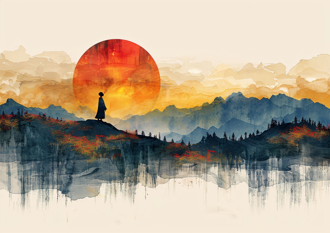 Geisha seisoo, minimalistinen maisema  auringonlasku, moderni seinäkoriste | print on demand tekijältä F. Abderrahim