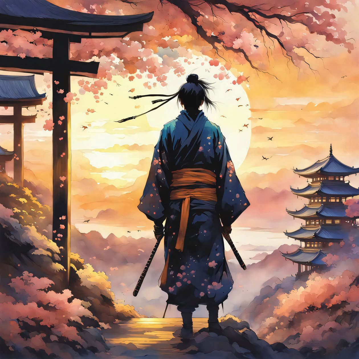 Japanilainen Samurai, temppelissä vuorella, vaaleanpunaiset värit, Custom Canvas Prints (mukautettu kankaalle) tekijältä F. Abderrahim