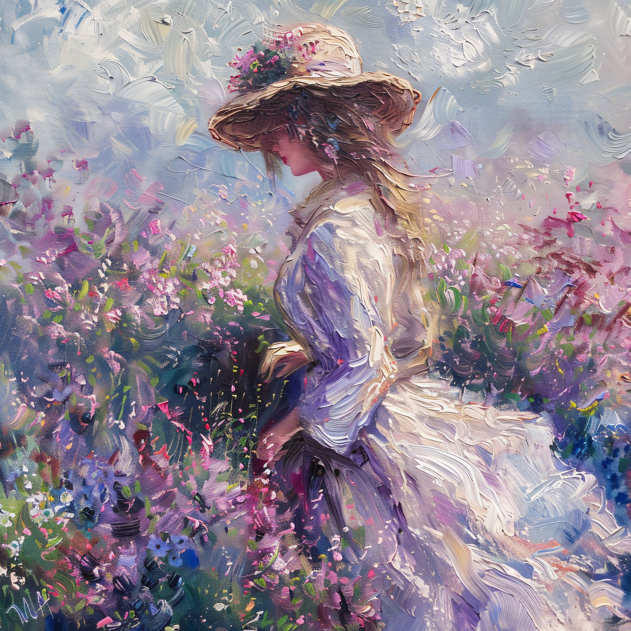 Nainen mekko luonnossa, Uplifting tuoksu elämän, Monet Style, online taide tulosteita tekijältä F. Abderrahim
