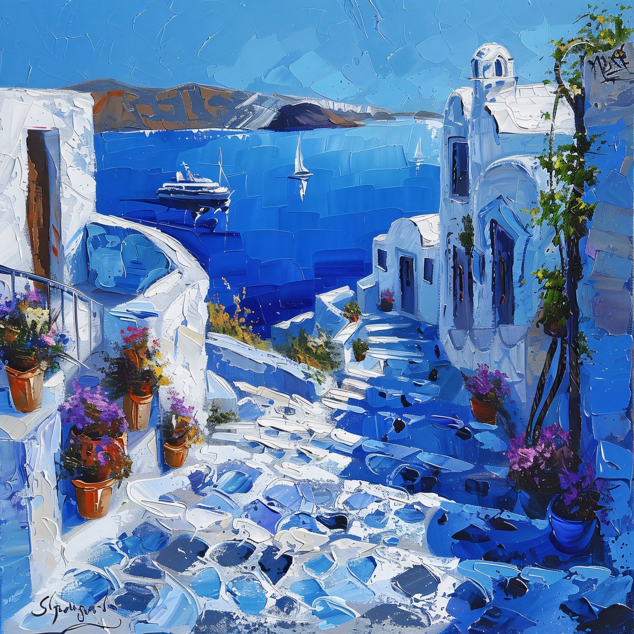 Santorini kauniilla katuvalot, kankaalle  kehys seinäkoriste tulosteita tekijältä F. Abderrahim