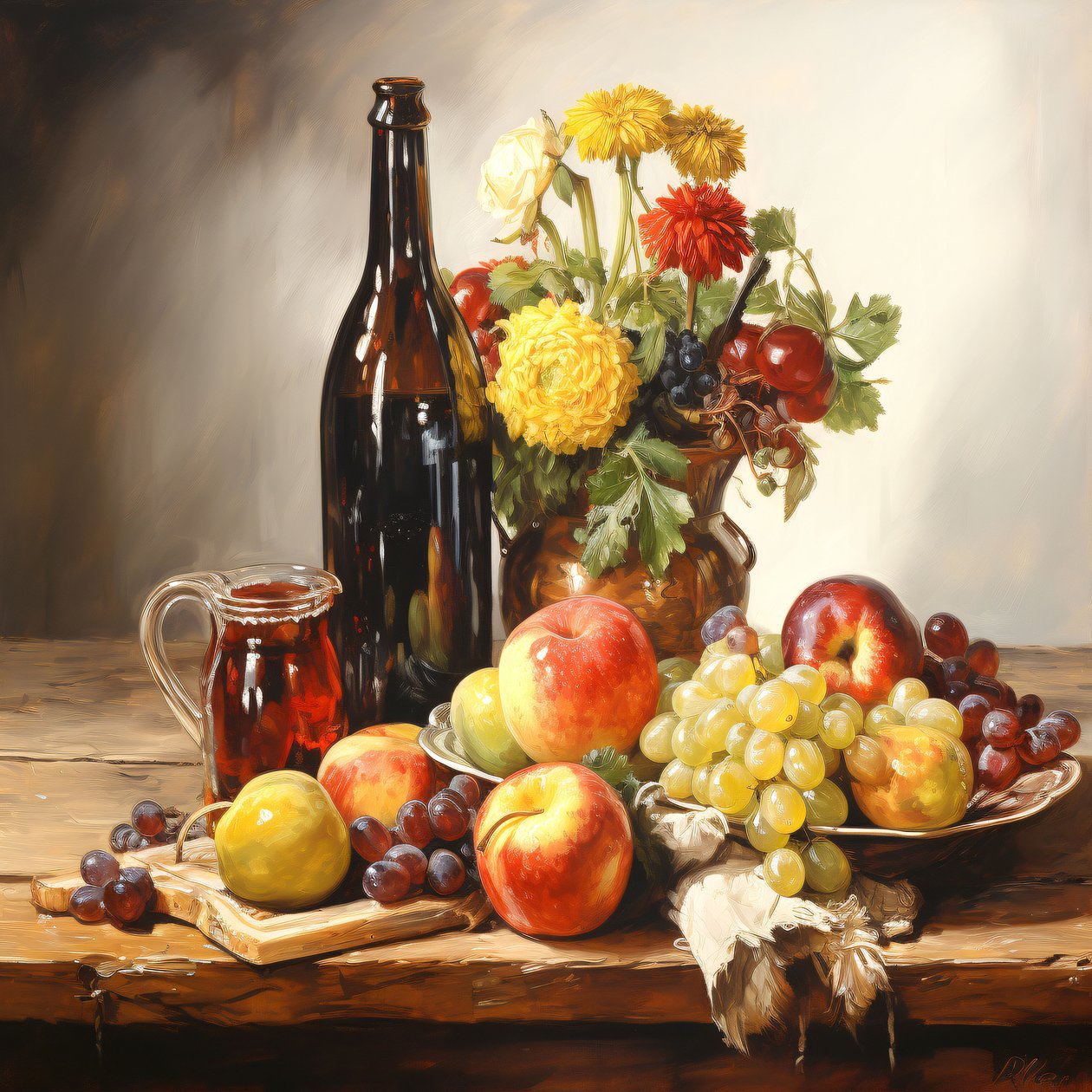 Still life maalaus, kukat, hedelmät  viini, seinä Sisustus tulosteet tekijältä F. Abderrahim