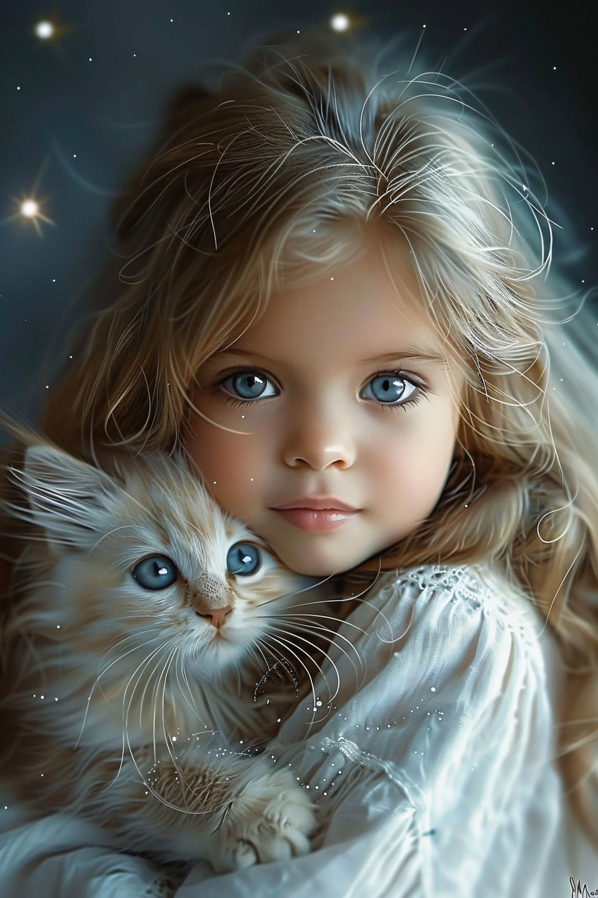 The Girl and Her Cat A Bond of Big Blue Eyes and Love, kehys seinäkoriste tulosteet tekijältä F. Abderrahim