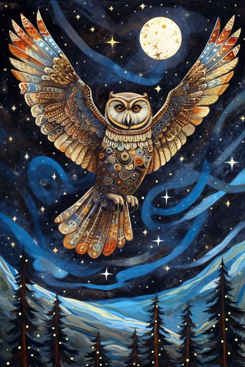 Pöllö Soaring Through the Starry Night Sky, seinä Sisustus tulosteita tekijältä F. Abderrahim