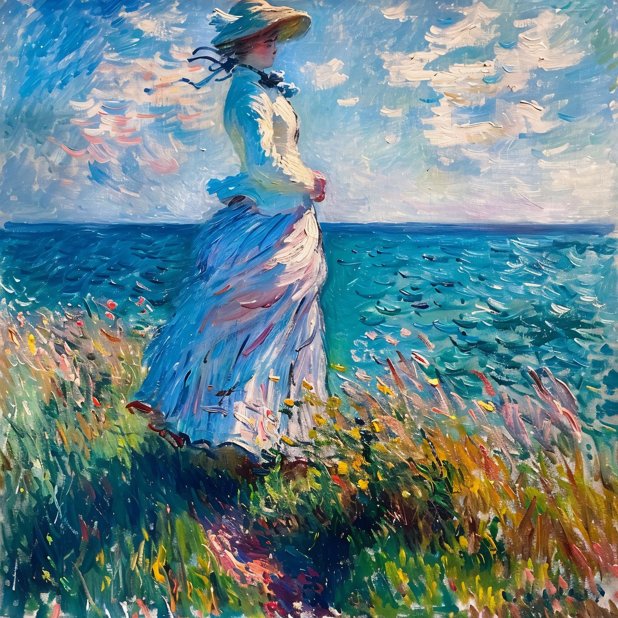 Nuori nainen mekossa luonnossa, seisoo rannalla, Monet tyyliä tekijältä F. Abderrahim