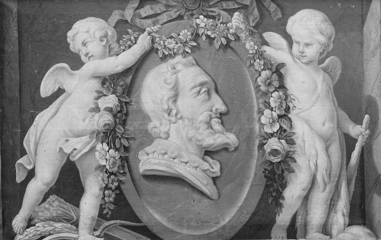 Henri IV:n rintakuva soikeassa medaljongissa sinisellä pohjalla kahden kupidon tukemana, 1700-luku. tekijältä 18th century . French Painter