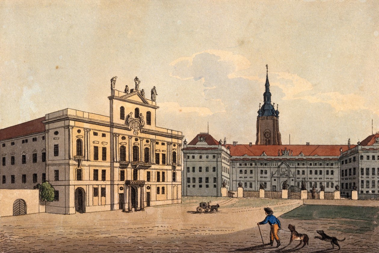 Arkkipiispan palatsi ja Prahan linnan ensimmäinen hovi, noin 1810 (värillinen etsaus). tekijältä A. and Berka, Johann Gustav