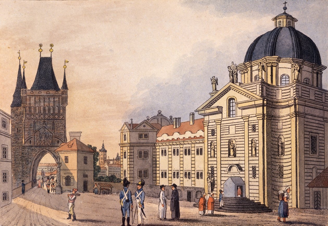 Krizovnicke namesti (Ristin ritarien aukio), Praha, noin 1810 (värillinen etsaus). tekijältä A. & Berka, Johann Gustav