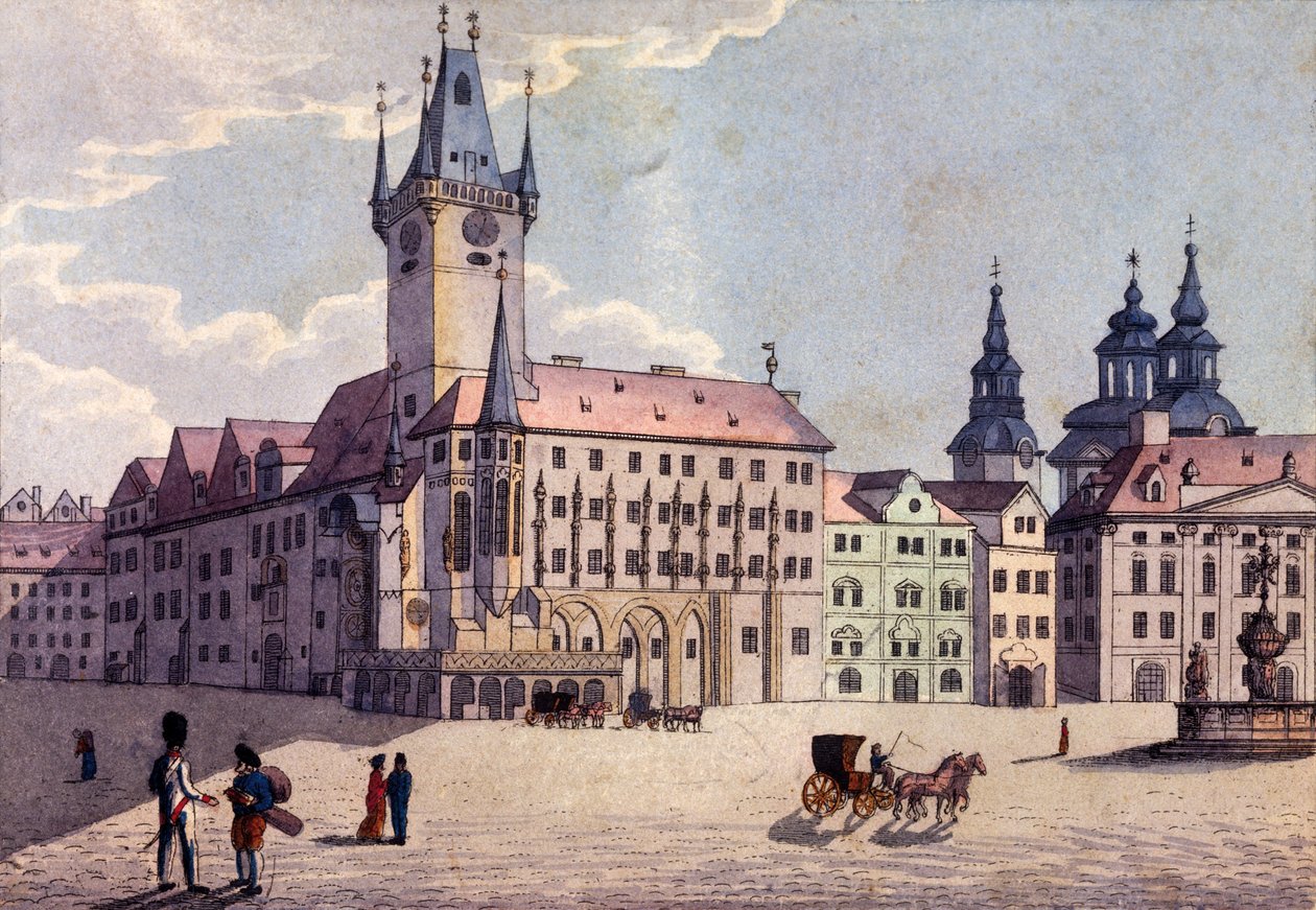 Vanhankaupungin aukio Celetná-kadulta, Praha, noin 1810 (värillinen etsaus). tekijältä A. and Berka, Johann Gustav