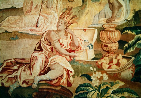 Amerikka, kuvakudos maailman neljästä kulmasta, yksityiskohta hahmosta etualalla (yksityiskohta 184003) tekijältä A. Baertams