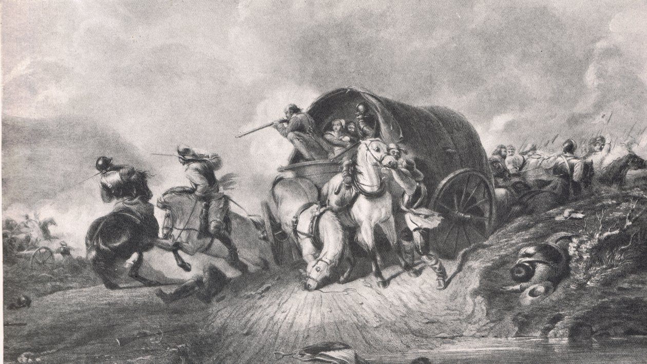 Hyökkäys matkatavaravaunuun: Tapaus Nasebyn taistelussa, esimerkki julkaisusta "British Battles on Land and Sea", julkaisija Cassell, Lontoo, n. 1910 tekijältä A. Copner